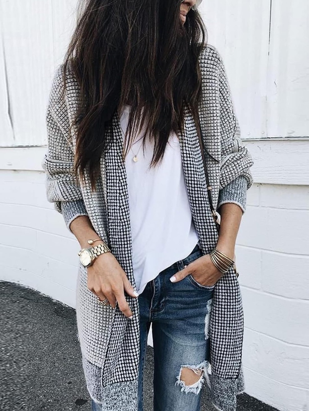 Macy's Black and White Marled Open Cardigan